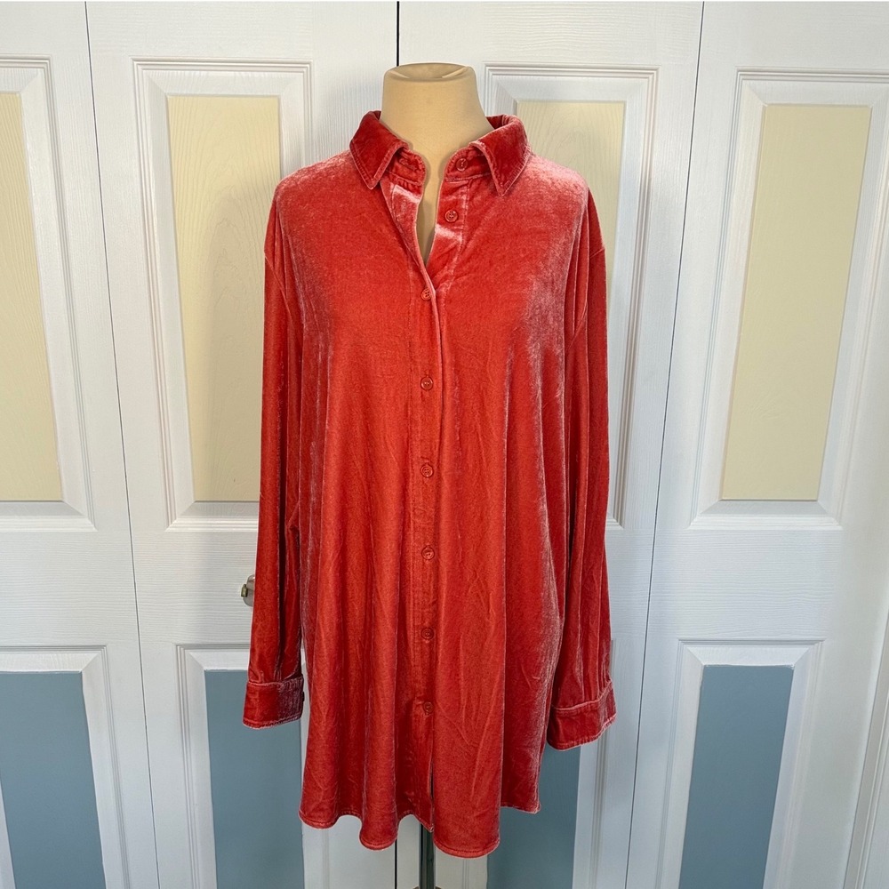 Soft Surroundings Coral Red Crushed Velvet Button Down Tunic Top Large 29695